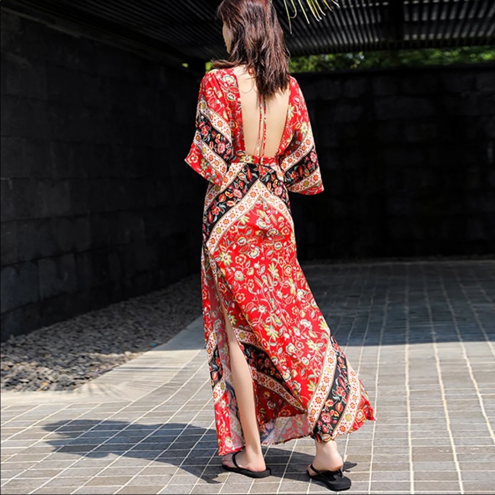 Backless Boho Gypsy Maxi Dress Floral Long Sleeve - Picture 5 of 11